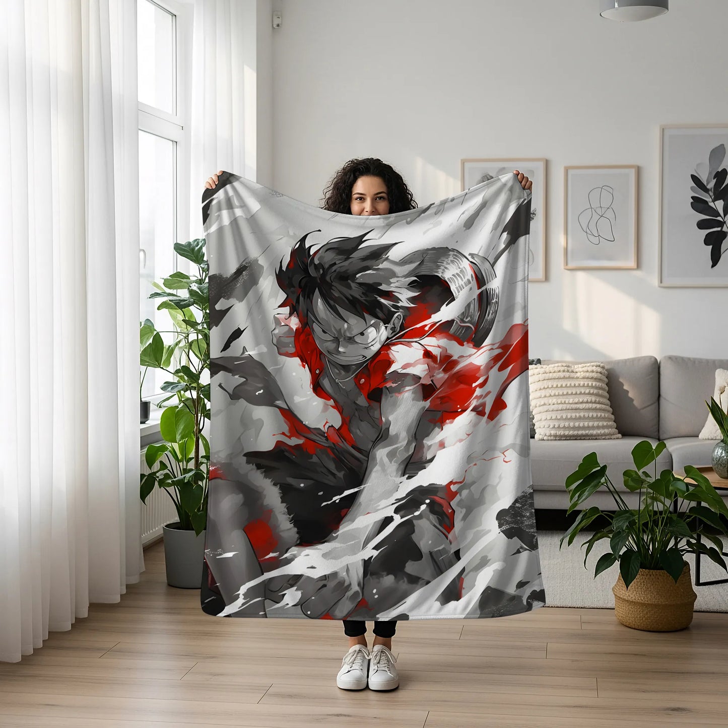 Monkey D Luffy Combat Form Flannel Blanket, One Piece Merch, Gear Evolution Anime Peripheral, Otaku Decor