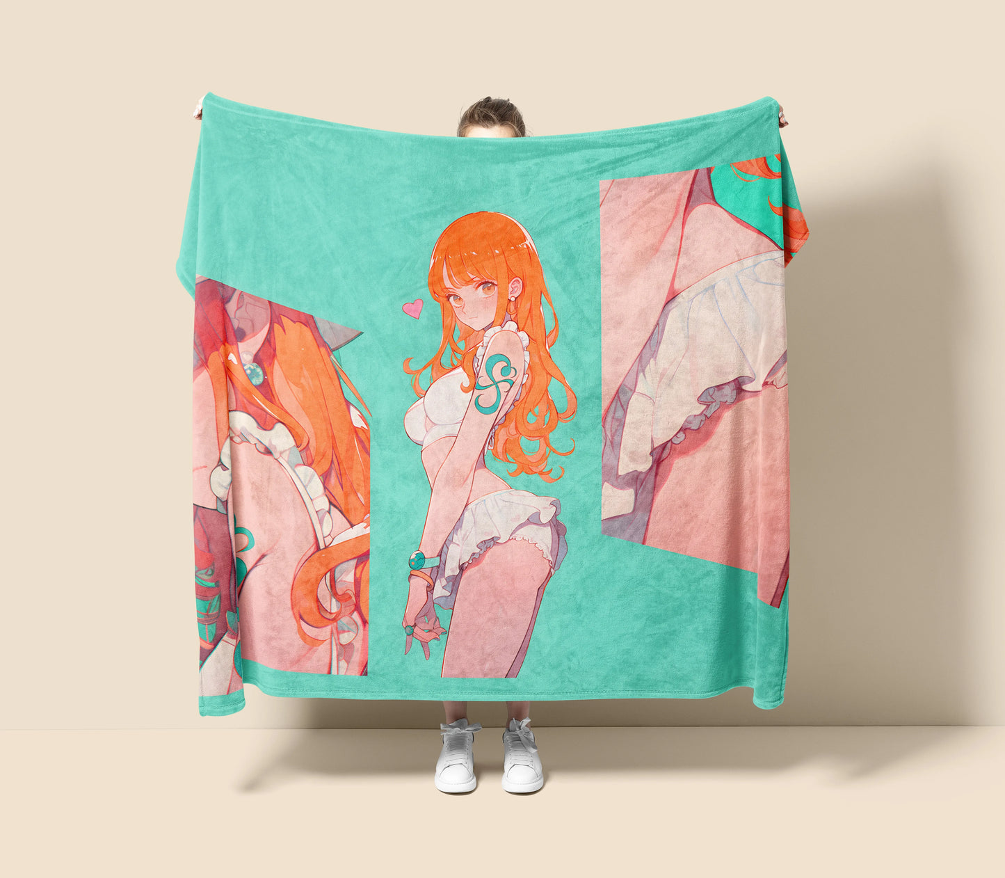 Nami Maid Swimsuit Flannel Blanket, One Piece Merch, Kawaii Anime Peripheral, Otaku Gift Bedding