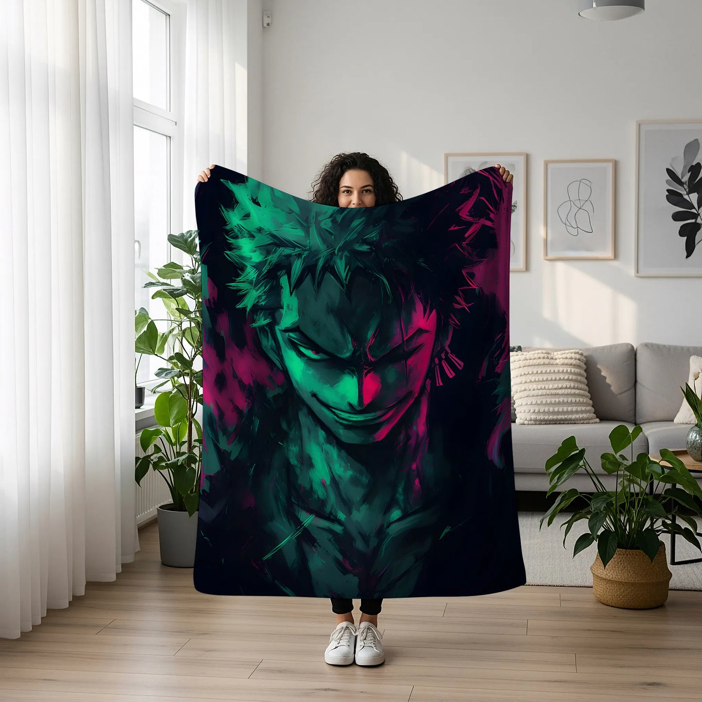Roronoa Zoro Dark Graffiti Art Flannel Blanket, One Piece Merch, Straw Hat Pirate Anime Peripheral, Otaku Decor