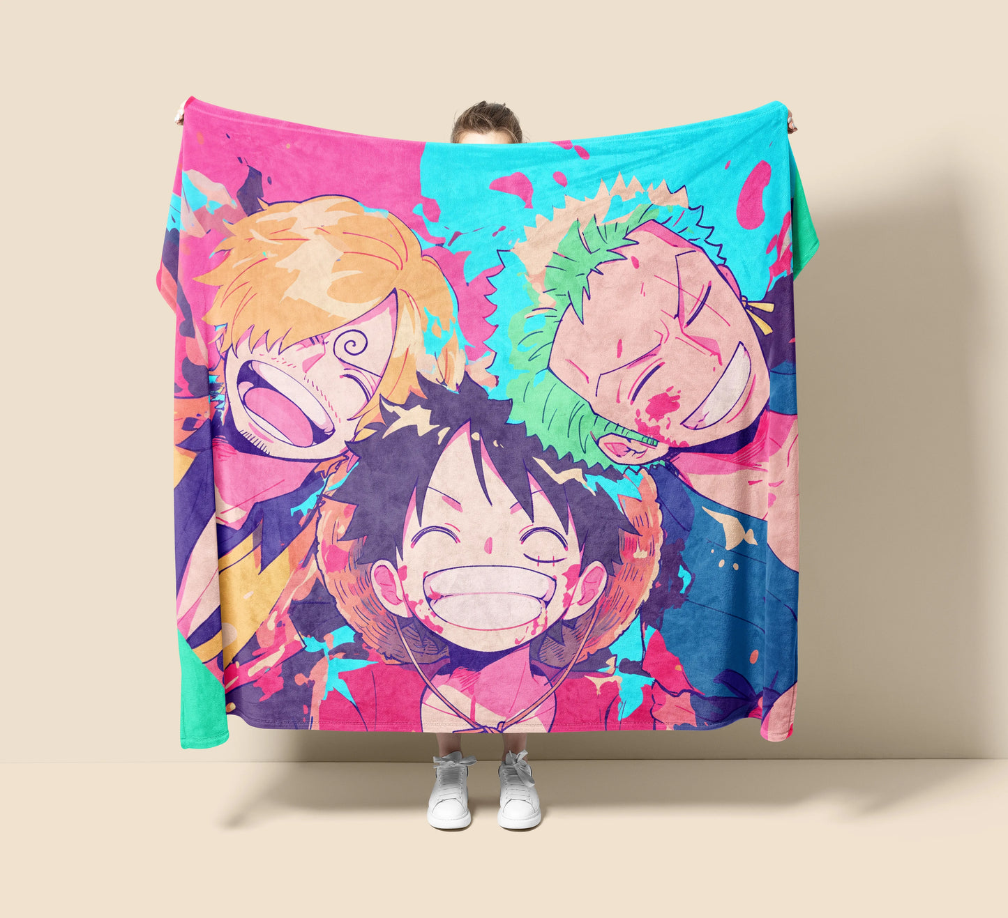 Luffy Zoro Sanji Monster Trio Flannel Blanket, One Piece Merch, Straw Hat Crew Anime Peripheral, Otaku Bedding