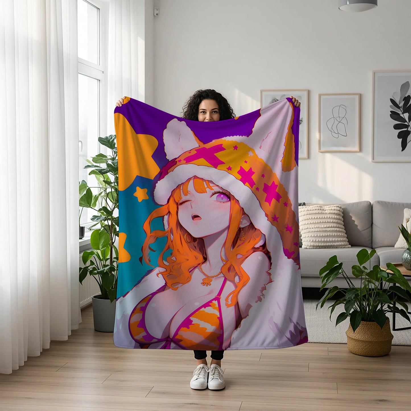 Nami Retro Bikini Flannel Blanket, One Piece Merch, Cat Burglar Anime Peripheral, Otaku Bedding Decor