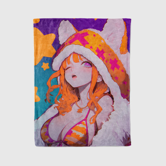 Nami Retro Bikini Flannel Blanket, One Piece Merch, Cat Burglar Anime Peripheral, Otaku Bedding Decor