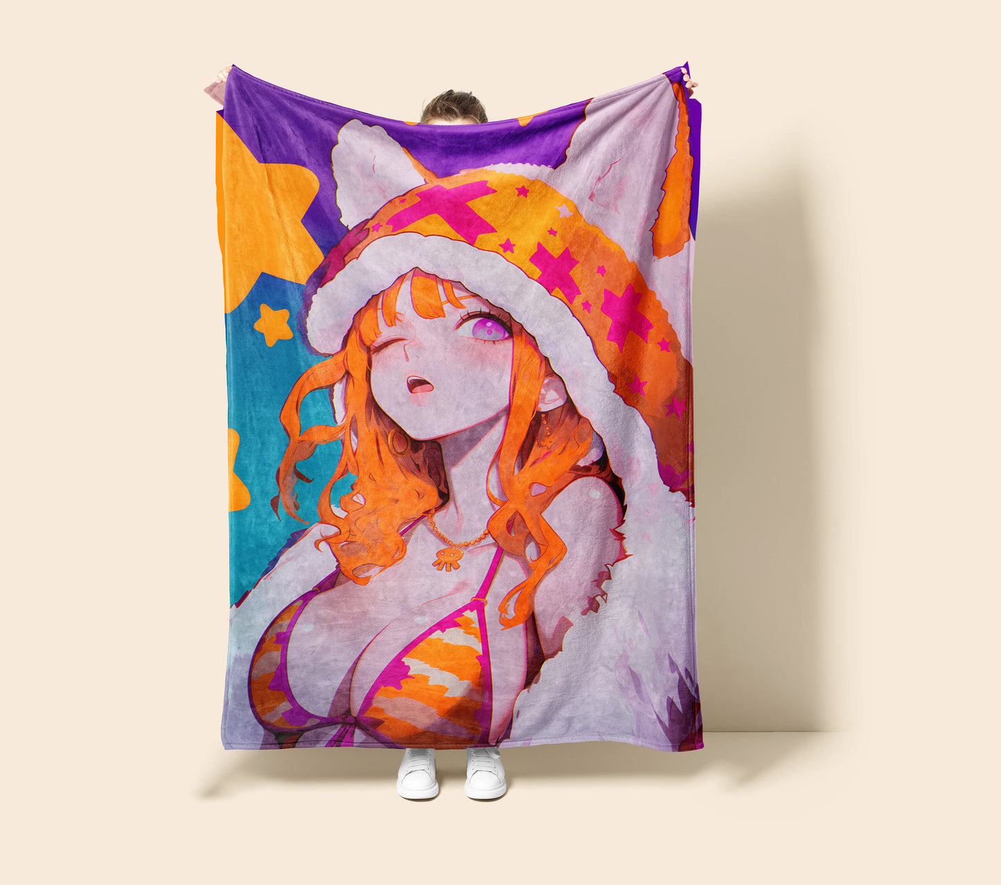 Nami Retro Bikini Flannel Blanket, One Piece Merch, Cat Burglar Anime Peripheral, Otaku Bedding Decor