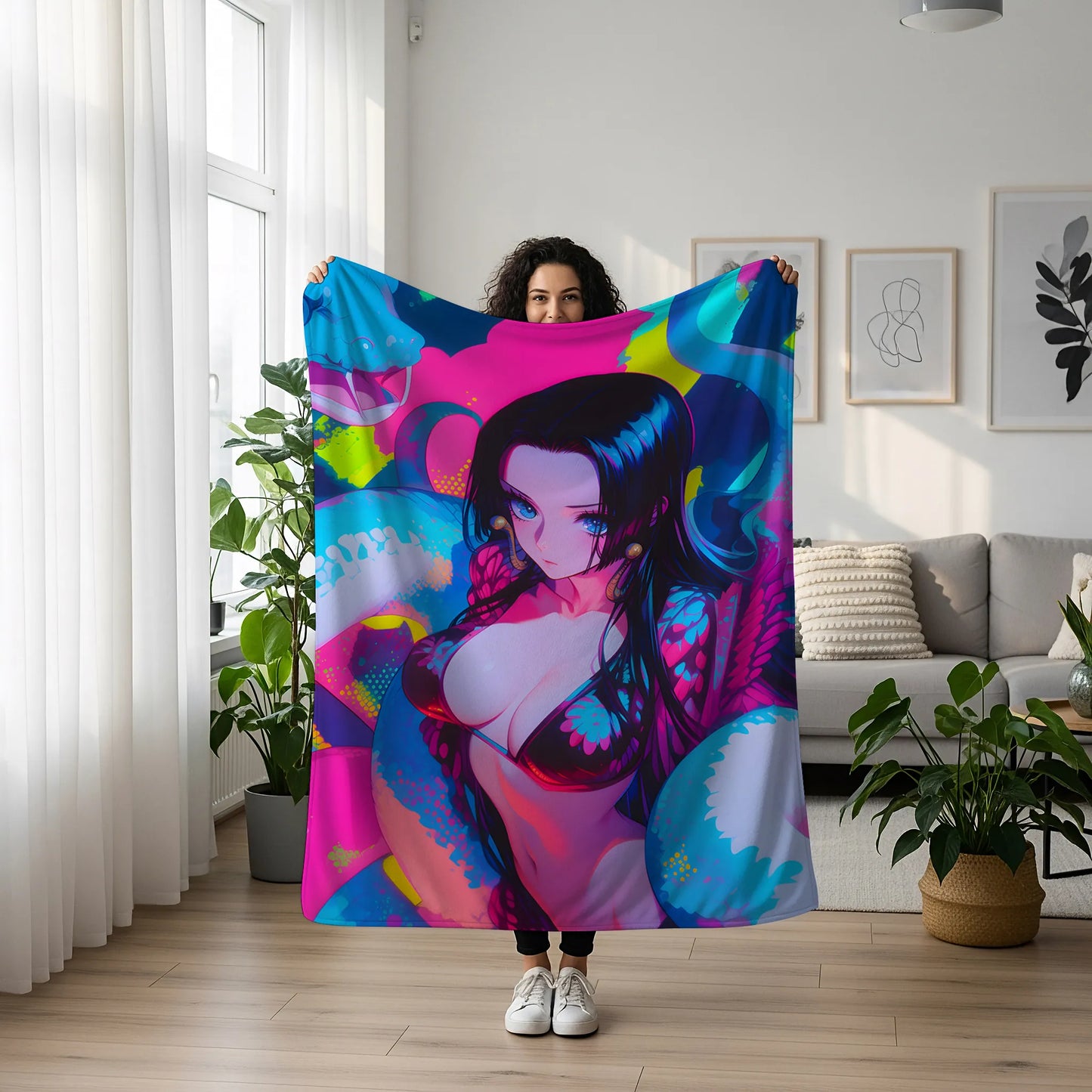 Boa Hancock Bikini Art Flannel Blanket, One Piece Merch, Pirate Empress Anime Peripheral, Otaku Home Decor