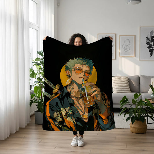 Roronoa Zoro Streetwear Aesthetic Flannel Blanket, One Piece Merch, Straw Hat Pirate Anime Peripheral, Otaku Home Decor