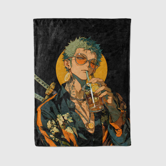 Roronoa Zoro Streetwear Aesthetic Flannel Blanket, One Piece Merch, Straw Hat Pirate Anime Peripheral, Otaku Home Decor