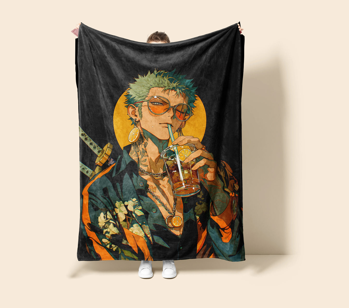 Roronoa Zoro Streetwear Aesthetic Flannel Blanket, One Piece Merch, Straw Hat Pirate Anime Peripheral, Otaku Home Decor