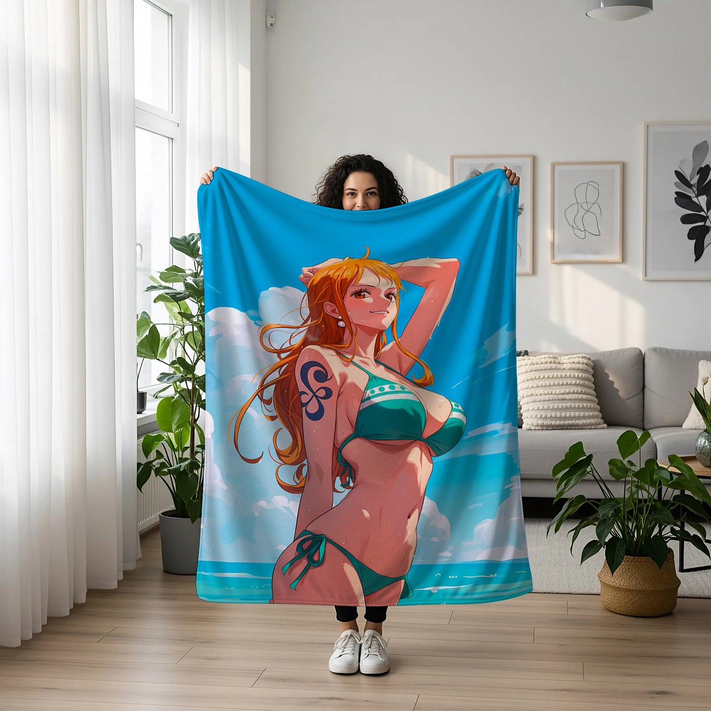Nami Classic Summer Bikini Flannel Blanket, One Piece Merch, Cat Burglar Anime Peripheral, Otaku Bedding