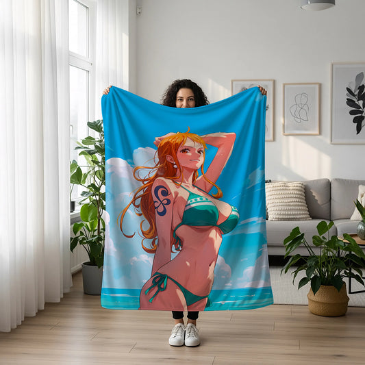 Nami Classic Summer Bikini Flannel Blanket, One Piece Merch, Cat Burglar Anime Peripheral, Otaku Bedding