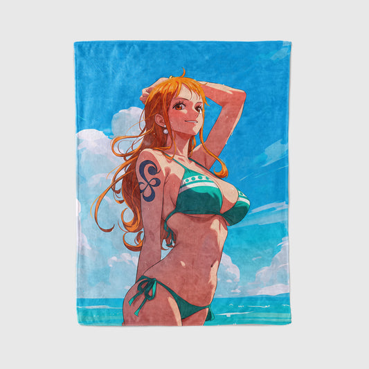 Nami Classic Summer Bikini Flannel Blanket, One Piece Merch, Cat Burglar Anime Peripheral, Otaku Bedding