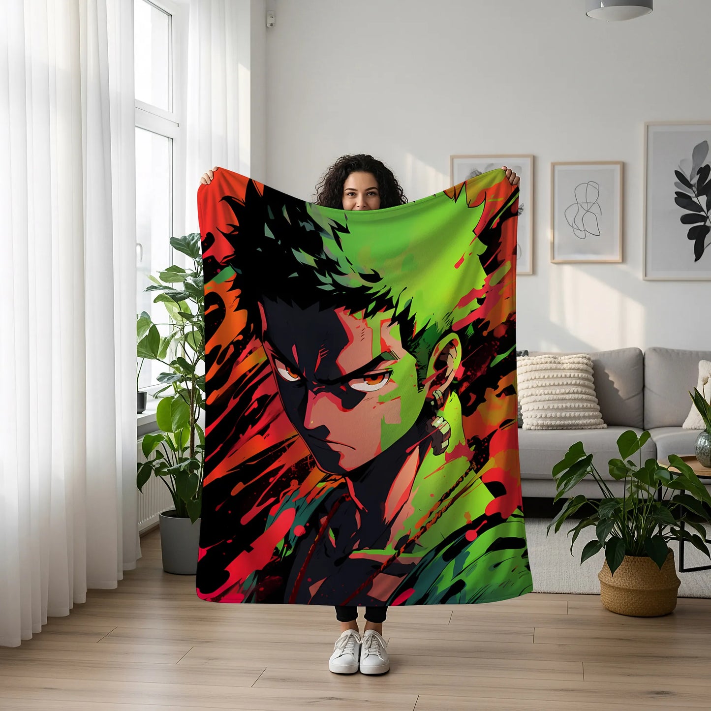 Roronoa Zoro American Graffiti Art Flannel Blanket, One Piece Merch, Straw Hat Pirate Anime Peripheral, Otaku Decor