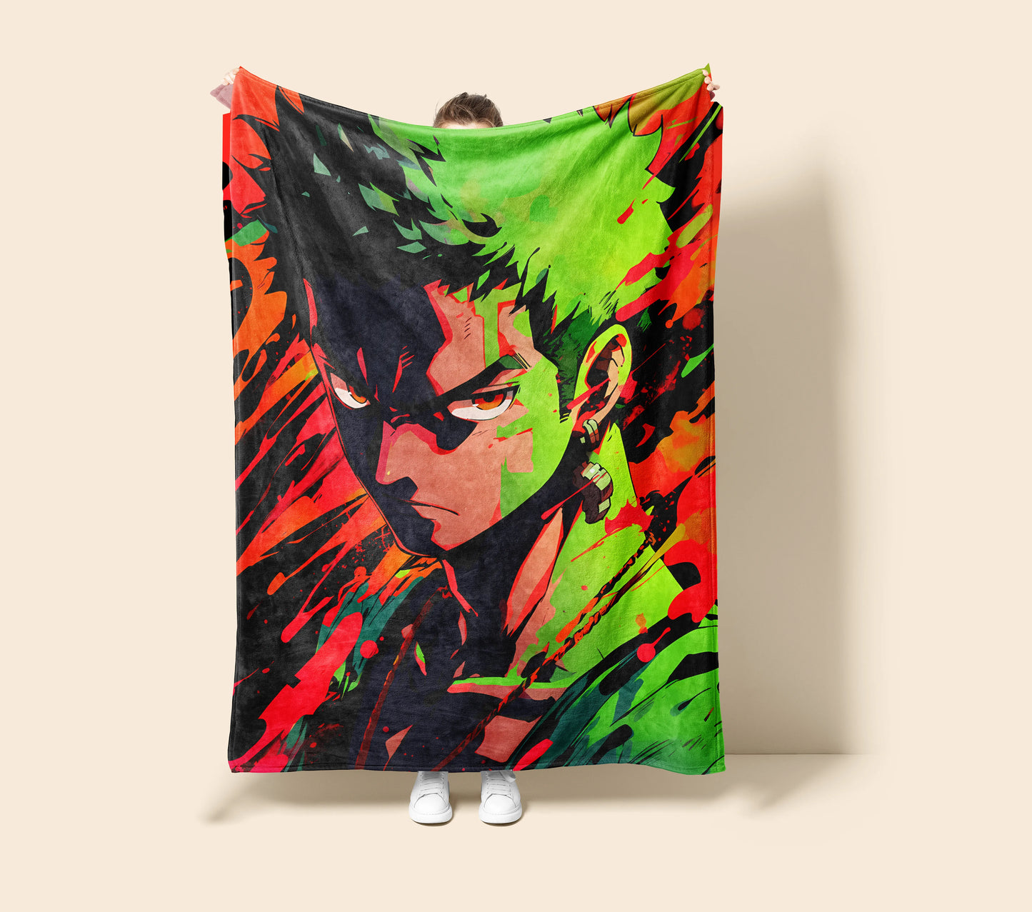 Roronoa Zoro American Graffiti Art Flannel Blanket, One Piece Merch, Straw Hat Pirate Anime Peripheral, Otaku Decor