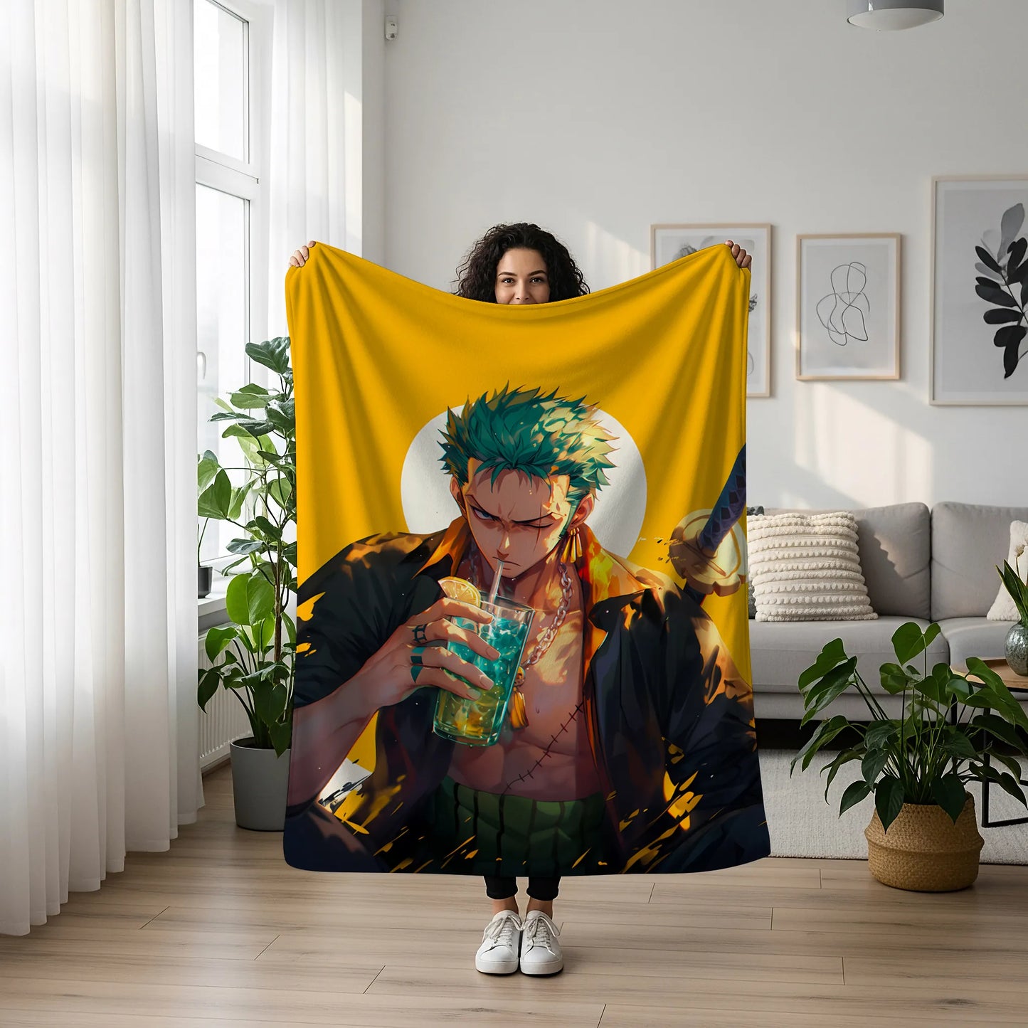 Roronoa Zoro Trendy Fashion Style Flannel Blanket, One Piece Merch, Straw Hat Pirate Anime Peripheral, Otaku Bedding