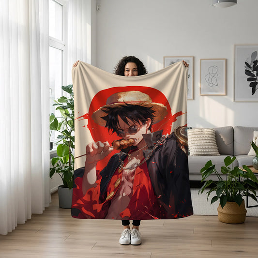 Monkey D Luffy Modern Fashion Style Flannel Blanket, One Piece Merch, Straw Hat Captain Anime Peripheral, Otaku Bedding