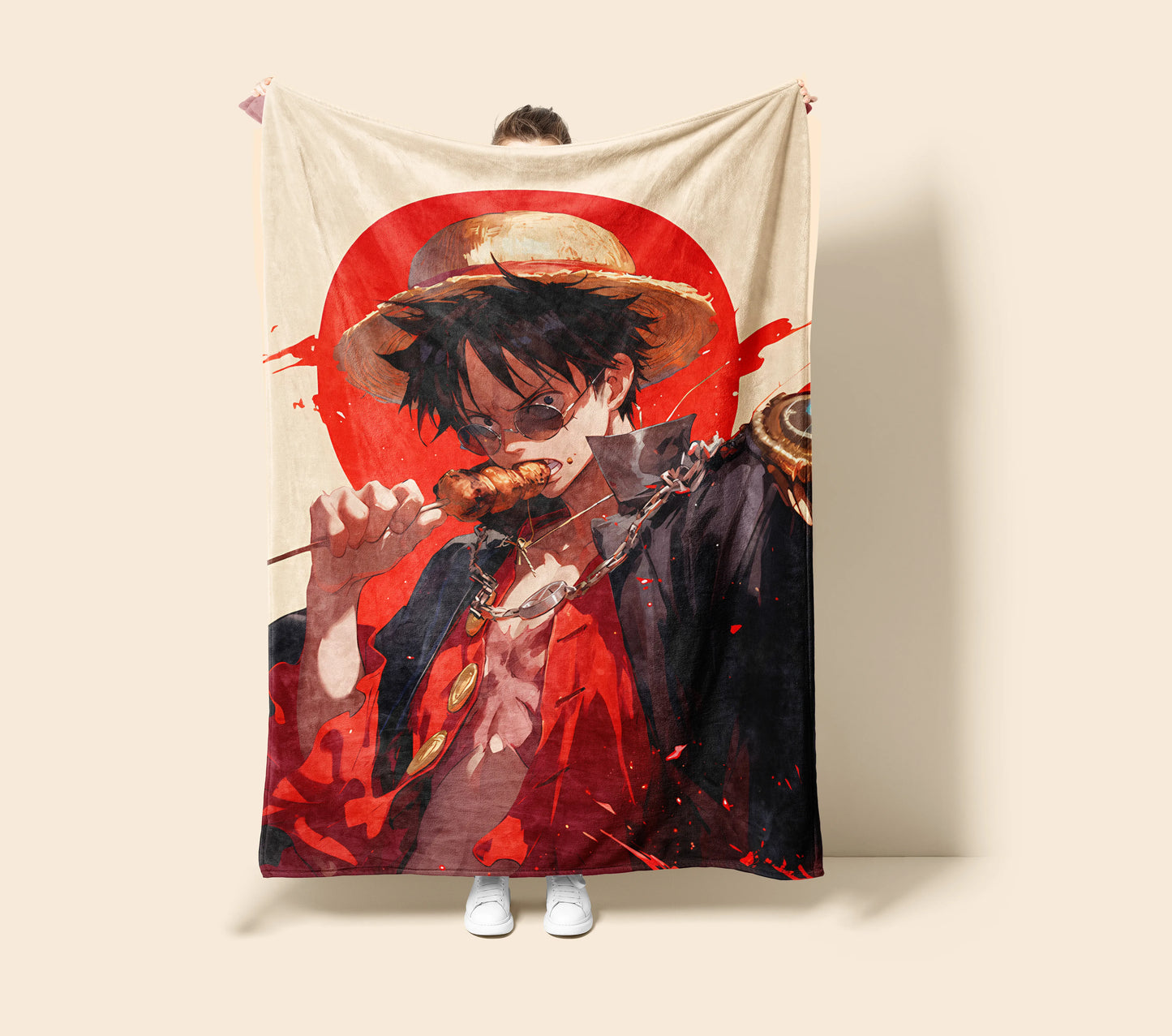 Monkey D Luffy Modern Fashion Style Flannel Blanket, One Piece Merch, Straw Hat Captain Anime Peripheral, Otaku Bedding