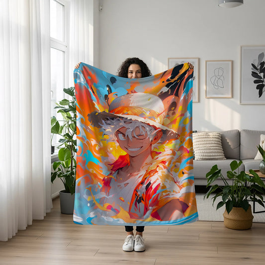 Monkey D Luffy Gear 5 Hype Style Flannel Blanket, One Piece Merch, Sun God Nika Anime Peripheral, Otaku Decor