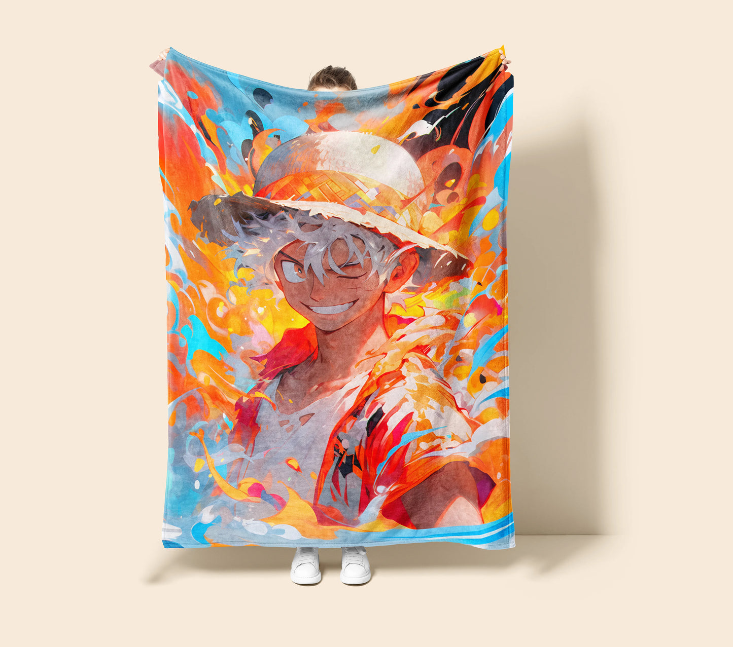 Monkey D Luffy Gear 5 Hype Style Flannel Blanket, One Piece Merch, Sun God Nika Anime Peripheral, Otaku Decor