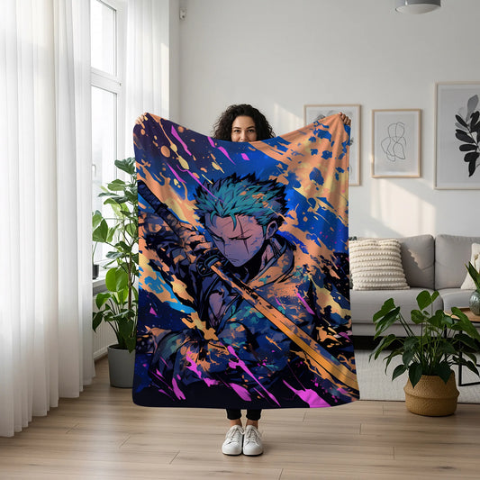 Roronoa Zoro Intense Combat Style Flannel Blanket, One Piece Merch, Straw Hat Pirate Anime Peripheral, Otaku Bedding