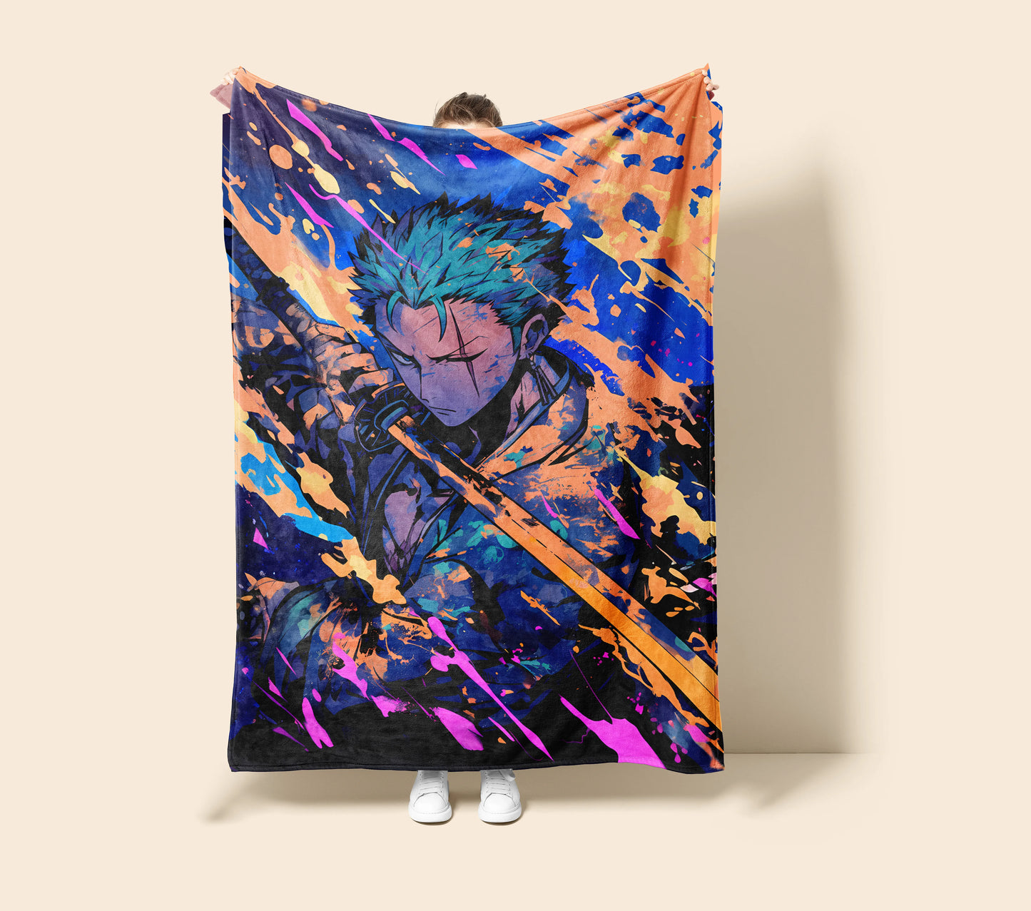 Roronoa Zoro Intense Combat Style Flannel Blanket, One Piece Merch, Straw Hat Pirate Anime Peripheral, Otaku Bedding