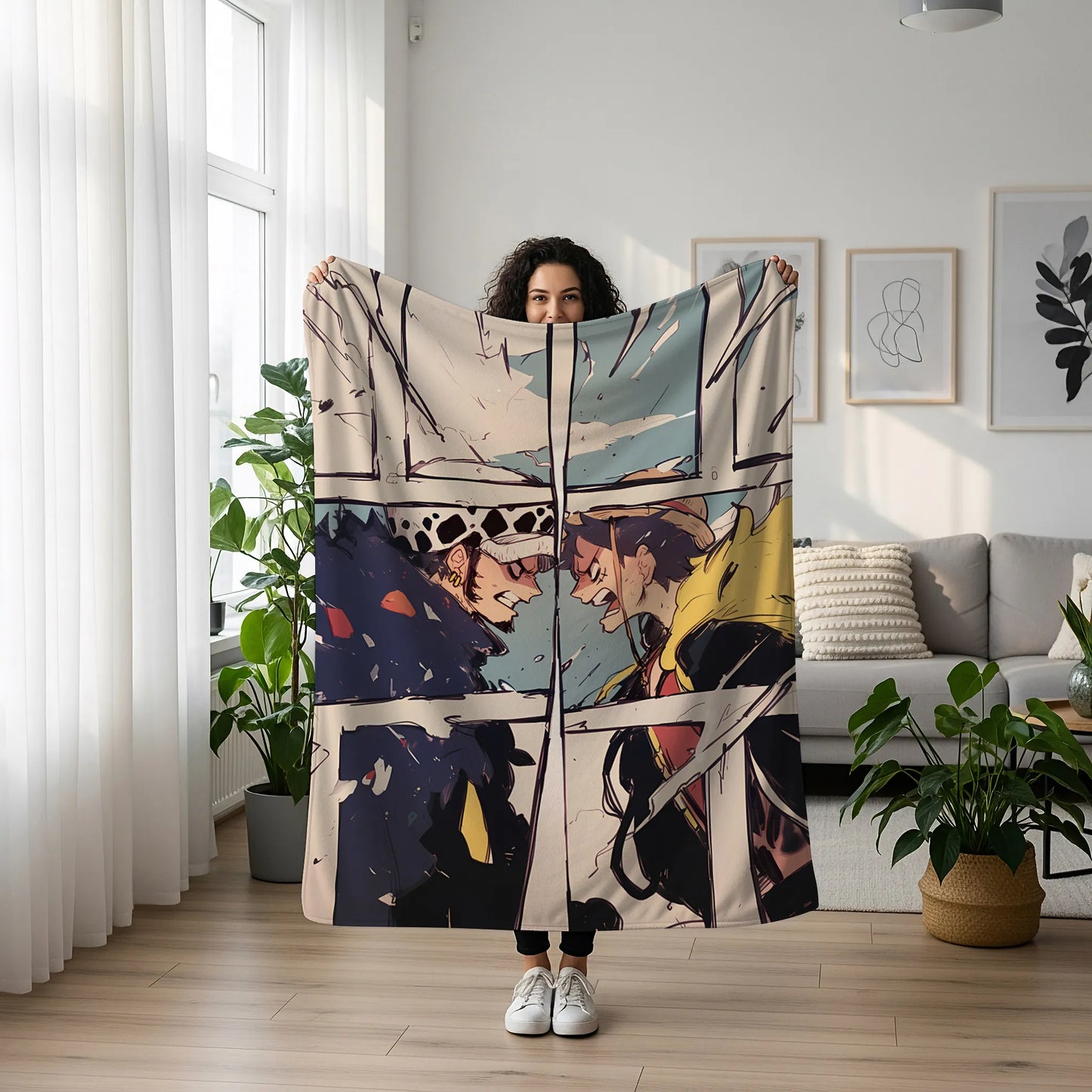 Trafalgar Law and Monkey D Luffy Manga Panel Flannel Blanket, One Piece Merch, Anime Alliance Peripheral, Otaku Bedding Decor