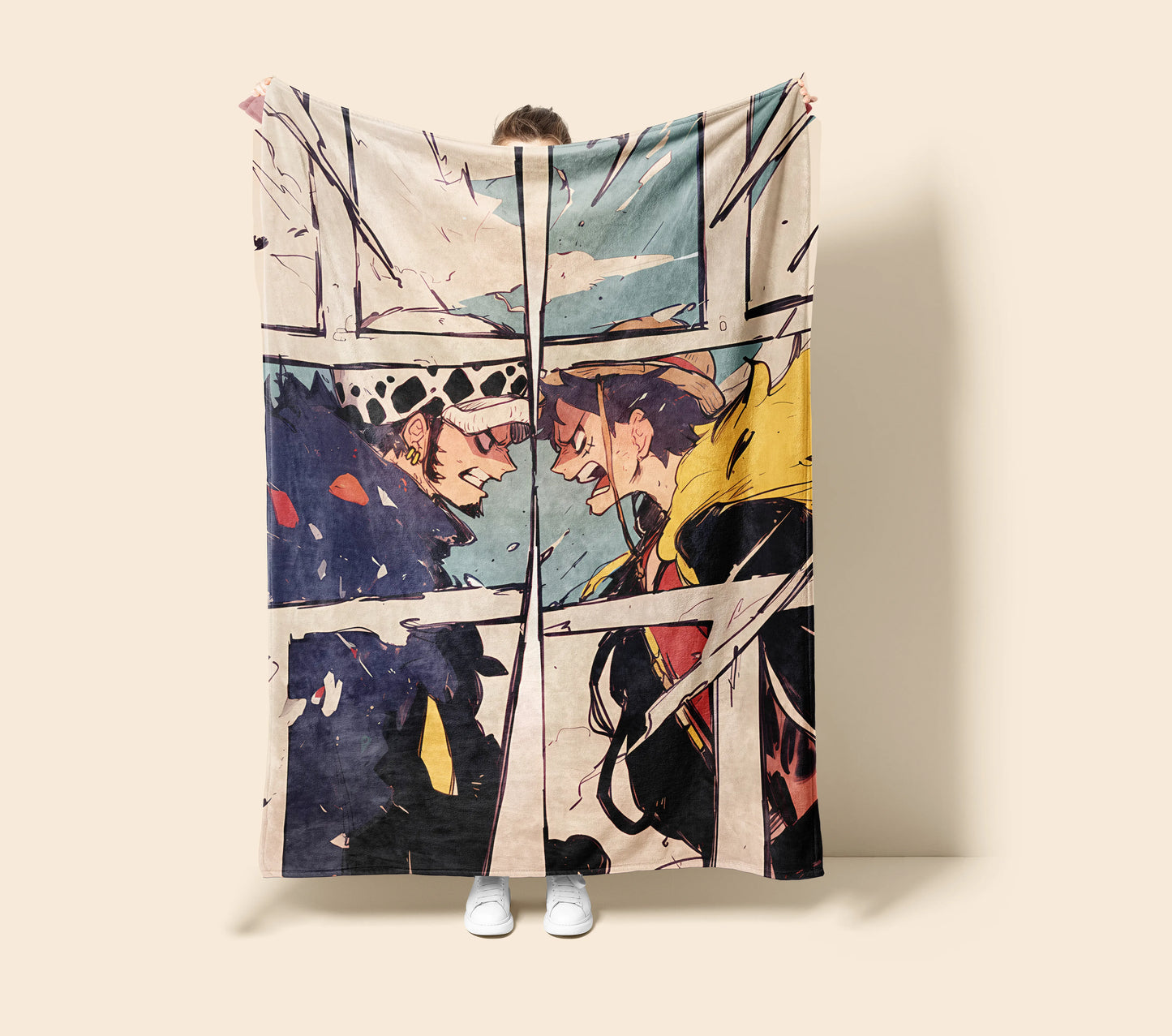 Trafalgar Law and Monkey D Luffy Manga Panel Flannel Blanket, One Piece Merch, Anime Alliance Peripheral, Otaku Bedding Decor