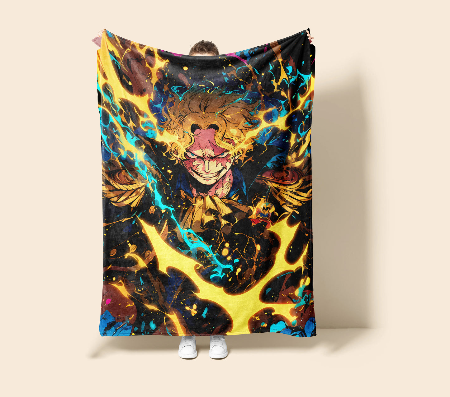 Sabo Flame Emperor Combat Flannel Blanket, One Piece Merch, Revolutionary Army Anime Peripheral, Otaku Decor