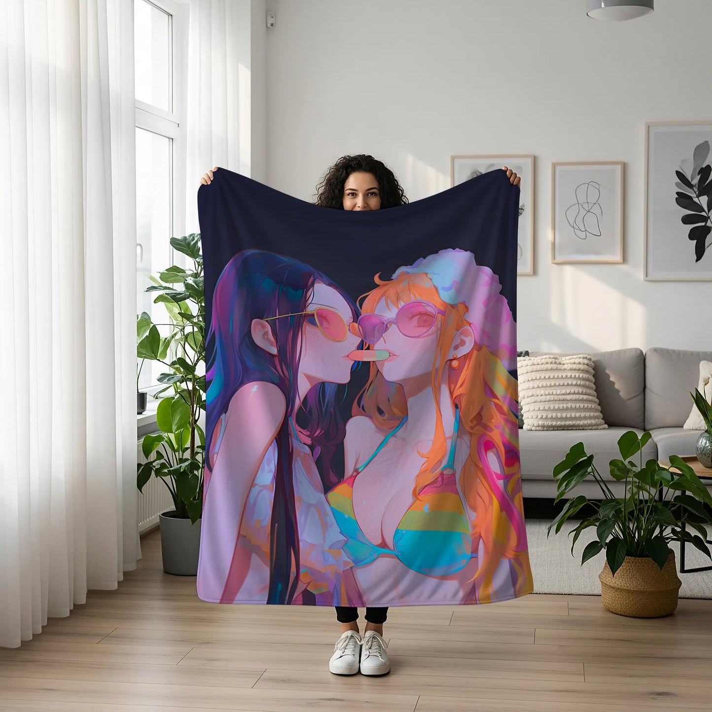 Nami and Nico Robin Summer Bikini Duo Flannel Blanket, One Piece Merch, Anime Peripheral, Otaku Bedding