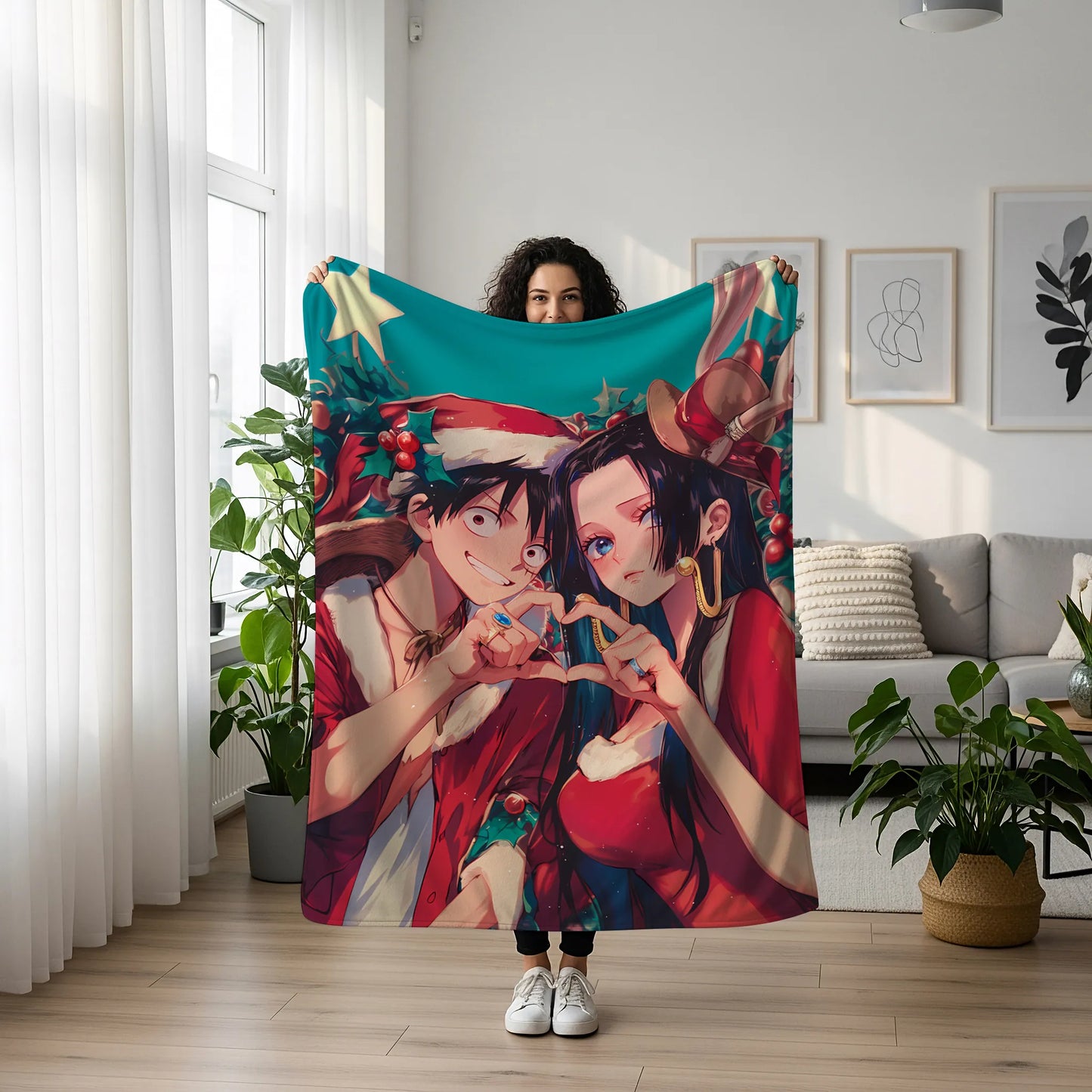 Monkey D Luffy and Boa Hancock Christmas Couple Flannel Blanket, One Piece Merch, Holiday Peripheral, Otaku Gift
