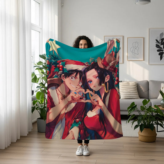 Monkey D Luffy and Boa Hancock Christmas Couple Flannel Blanket, One Piece Merch, Holiday Peripheral, Otaku Gift