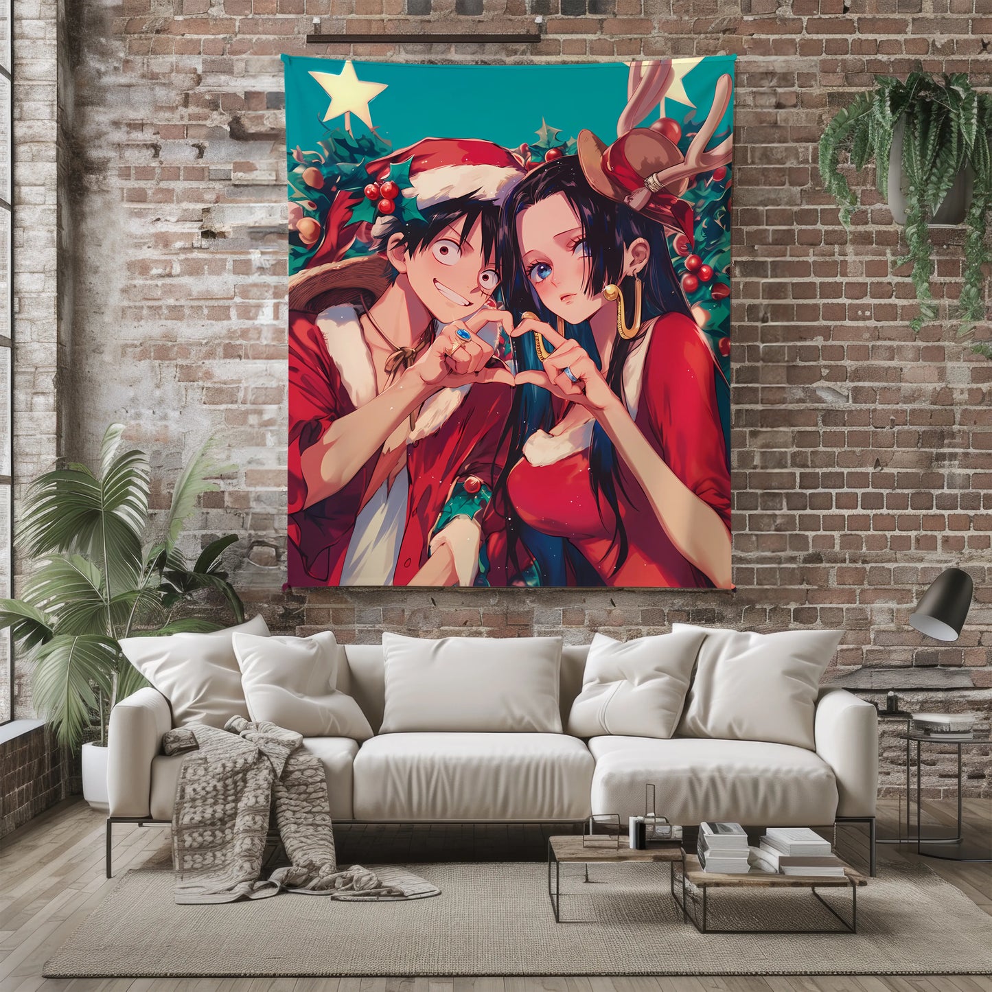 Monkey D Luffy and Boa Hancock Christmas Couple Flannel Blanket, One Piece Merch, Holiday Peripheral, Otaku Gift