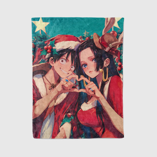 Monkey D Luffy and Boa Hancock Christmas Couple Flannel Blanket, One Piece Merch, Holiday Peripheral, Otaku Gift