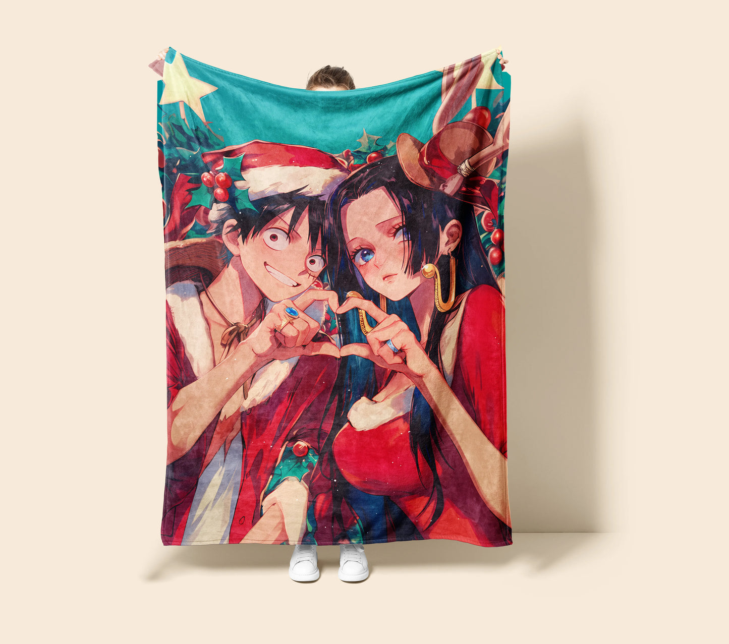 Monkey D Luffy and Boa Hancock Christmas Couple Flannel Blanket, One Piece Merch, Holiday Peripheral, Otaku Gift