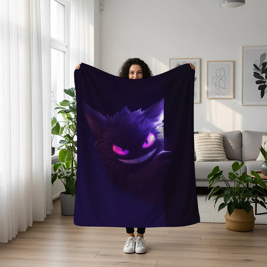 Gengar Dark Gothic Flannel Blanket, Pokemon Merch, Ghost Type Anime Peripheral, Otaku Bedding Decor