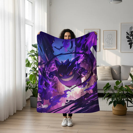 Gengar intense combat flannel blanket, Pokemon Merch, Anime peripheral, Otaku bedding decor