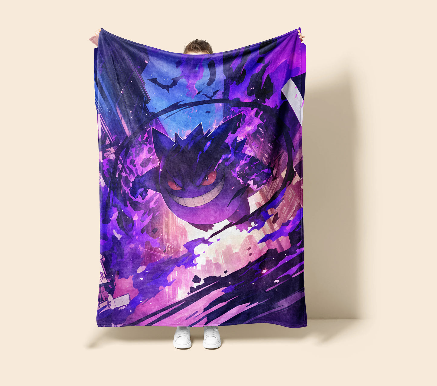 Gengar intense combat flannel blanket, Pokemon Merch, Anime peripheral, Otaku bedding decor