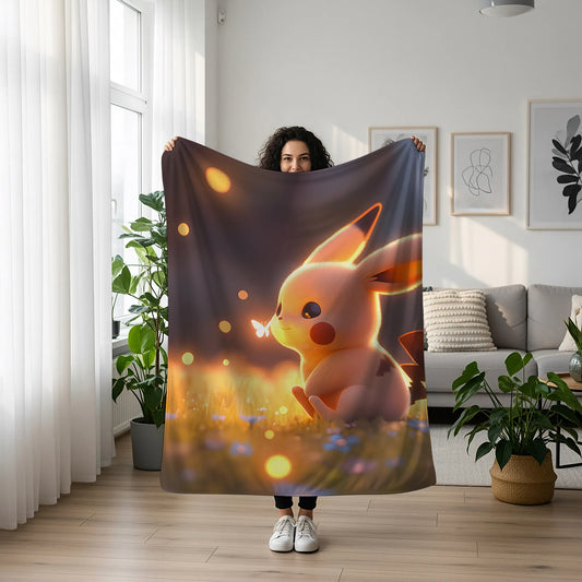 Pikachu Dreamy Aesthetic Flannel Blanket, Pokemon Merch, Kawaii Anime Peripheral, Otaku Bedding