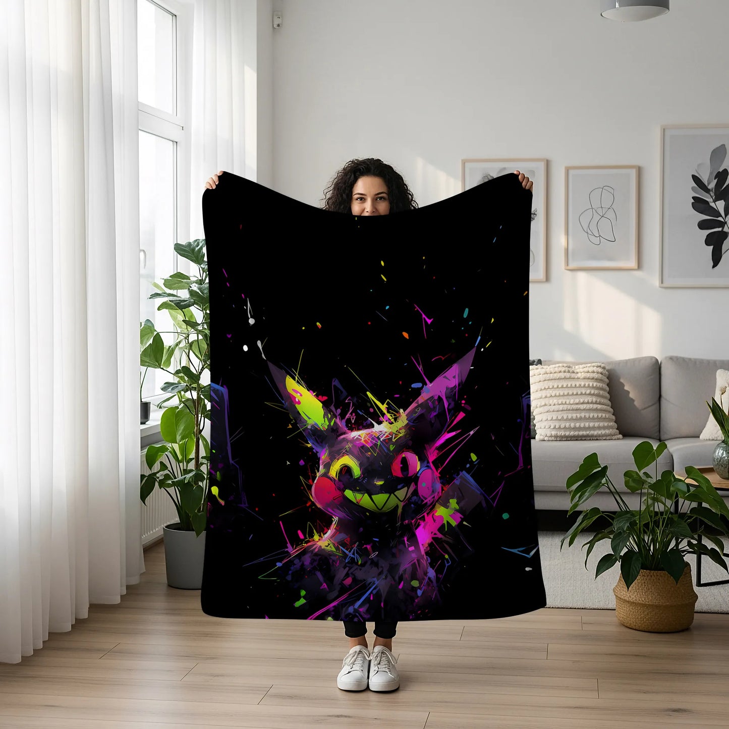 Pikachu Dark Punk Flannel Blanket, Pokemon Merch, Anti-Hero Anime Peripheral, Otaku Decor