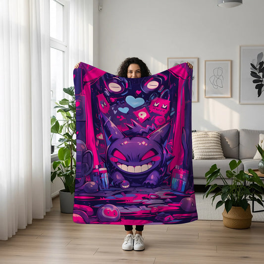 Gengar Graffiti Street Art Flannel Blanket, Pokemon Merch, Urban Anime Peripheral, Otaku Decor