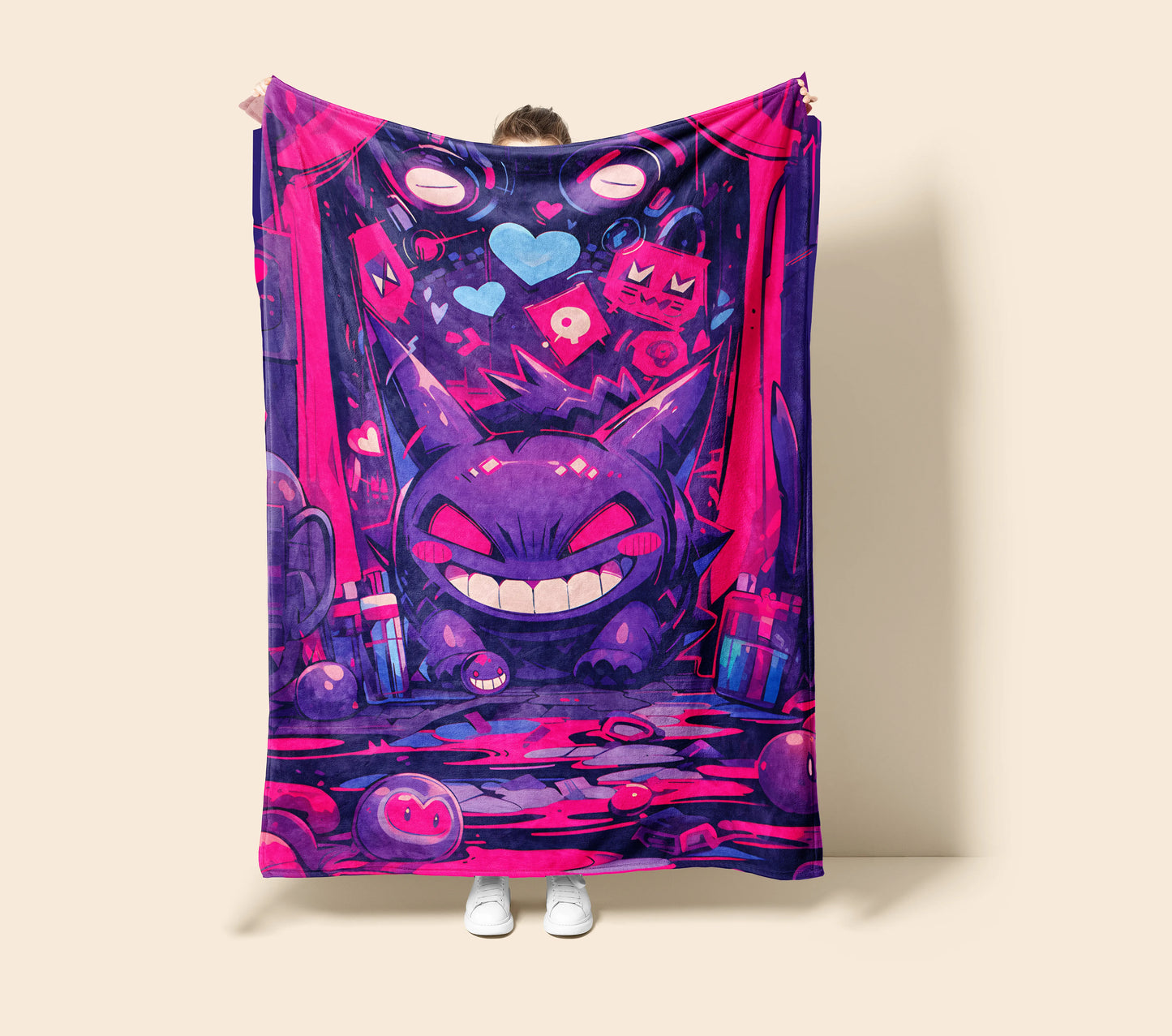 Gengar Graffiti Street Art Flannel Blanket, Pokemon Merch, Urban Anime Peripheral, Otaku Decor