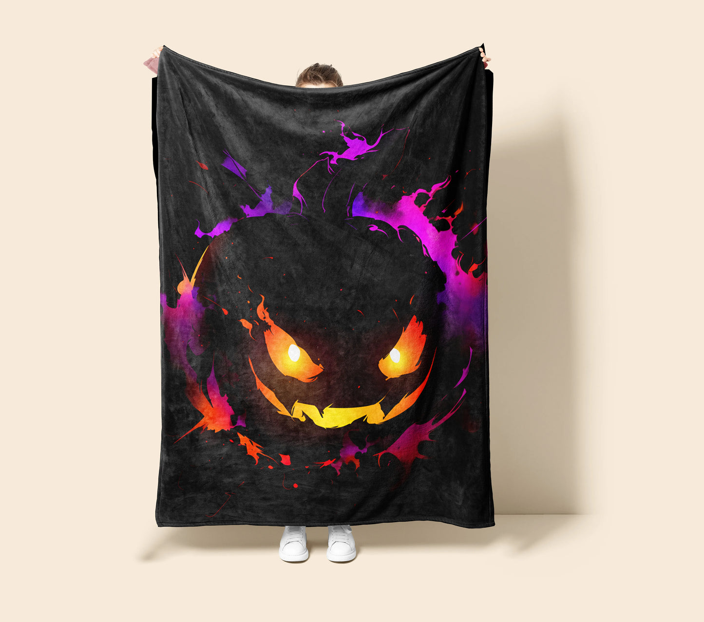 Gengar Halloween Pumpkin Style Flannel Blanket, Pokemon Merch, Spooky Anime Peripheral, Otaku Bedding