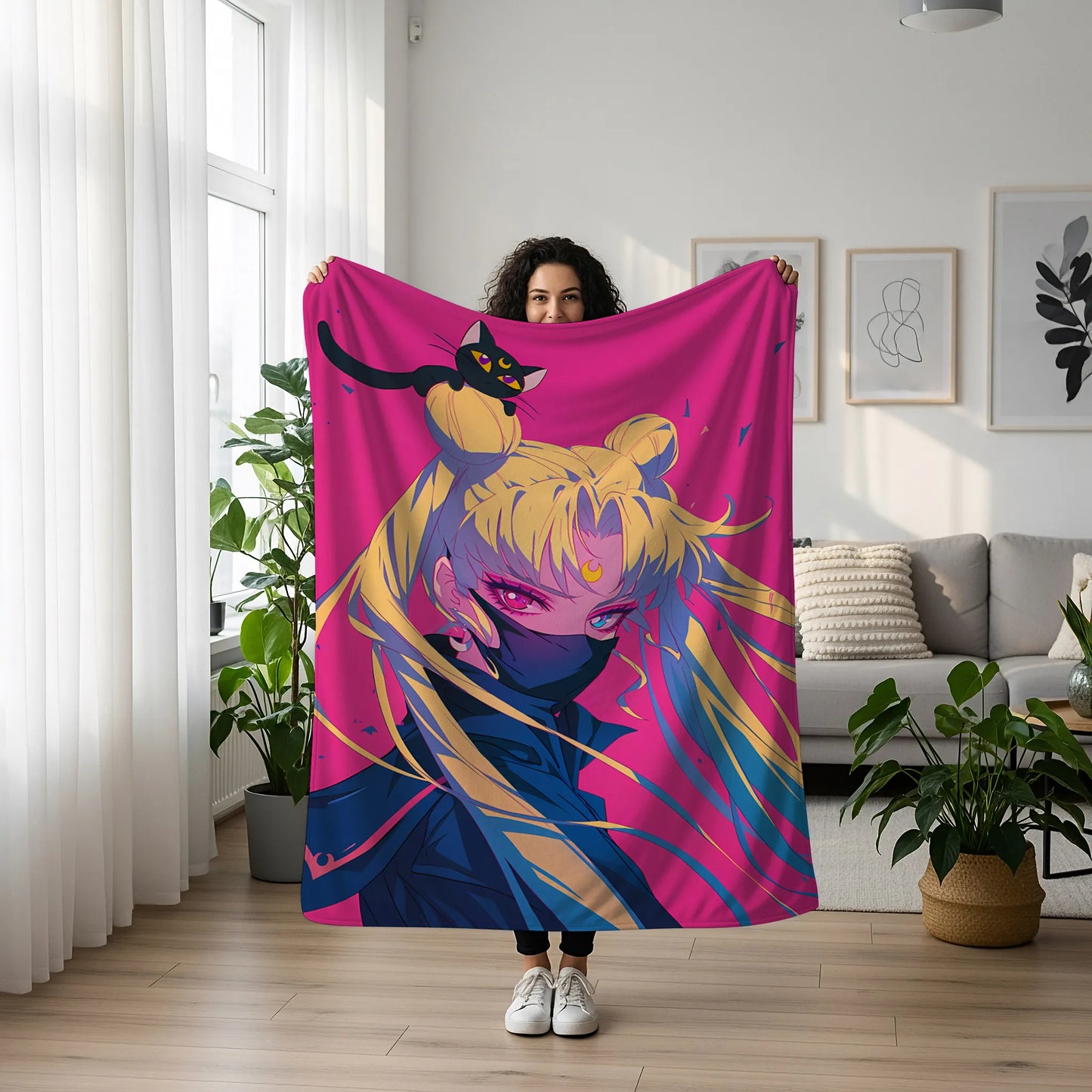 Usagi Tsukino Sailor V Masked Style Flannel Blanket, Sailor Moon Merch, Heroine Anime Peripheral, Otaku Bedding