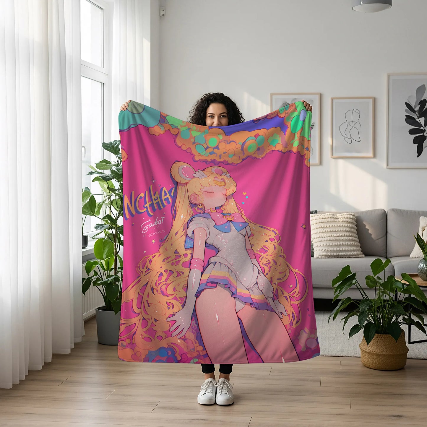 Usagi Tsukino American Retro Style Flannel Blanket, Sailor Moon Merch, Urban Art Peripheral, Otaku Bedding Decor