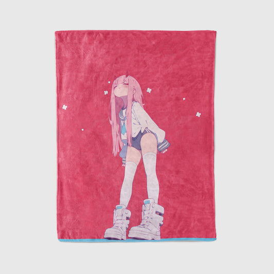 Darling in the Franxx Zero Two Kawaii Aesthetic Art Blanket, Cute 02 Pink Hair Anime Decor, Premium Zero Two Fan Gift, OOAK Anime Bedding