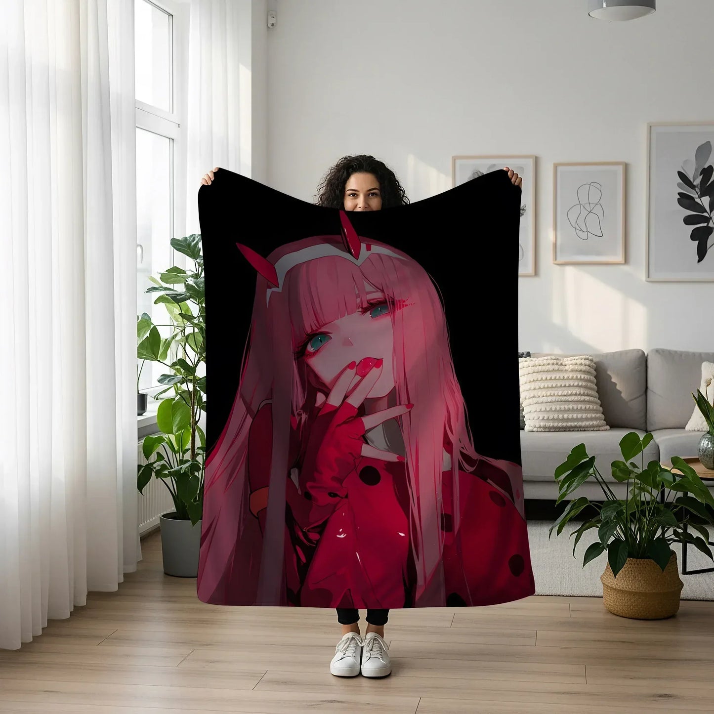 Sensual Zero Two Throw Blanket, 02 Finger-Lick Pose, High Definition Anime Art Blanket, Ultimate Otaku Waifu Gift